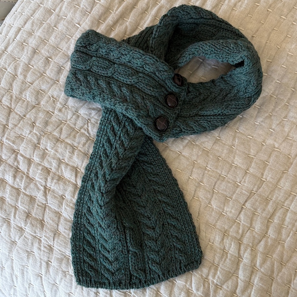 Hunter Green Cable Knit Scarf with Buttons. Made in Ireland, 100% Merino wool